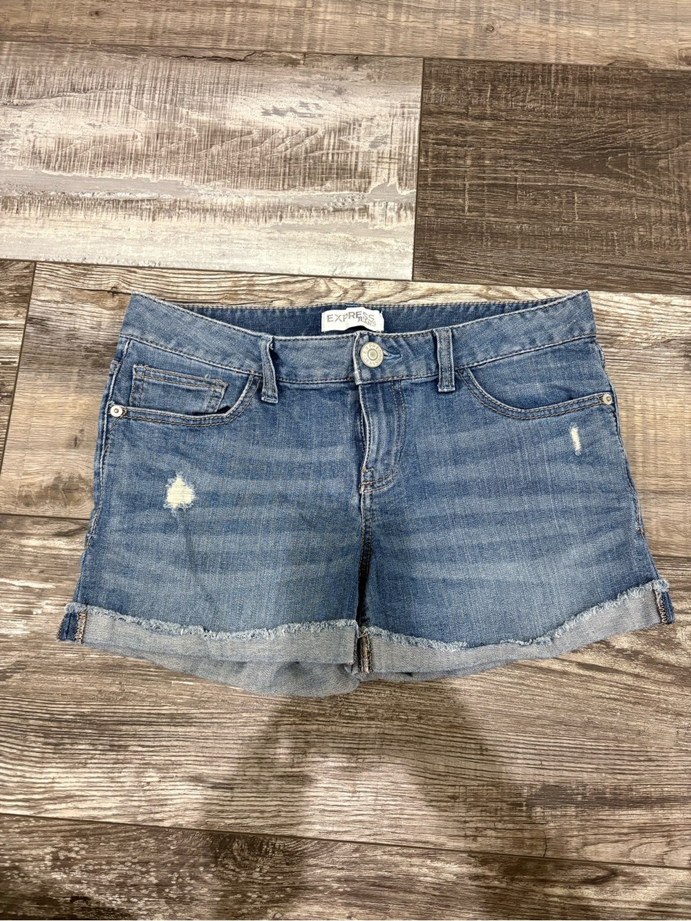 Express Light Blue Distressed Denim Roll-Cuff Shorts